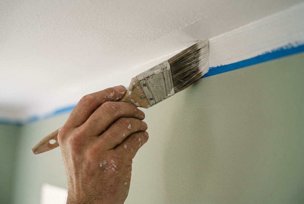 Coupe nette au pinceau le long du plafond, ruban de masquage bleu