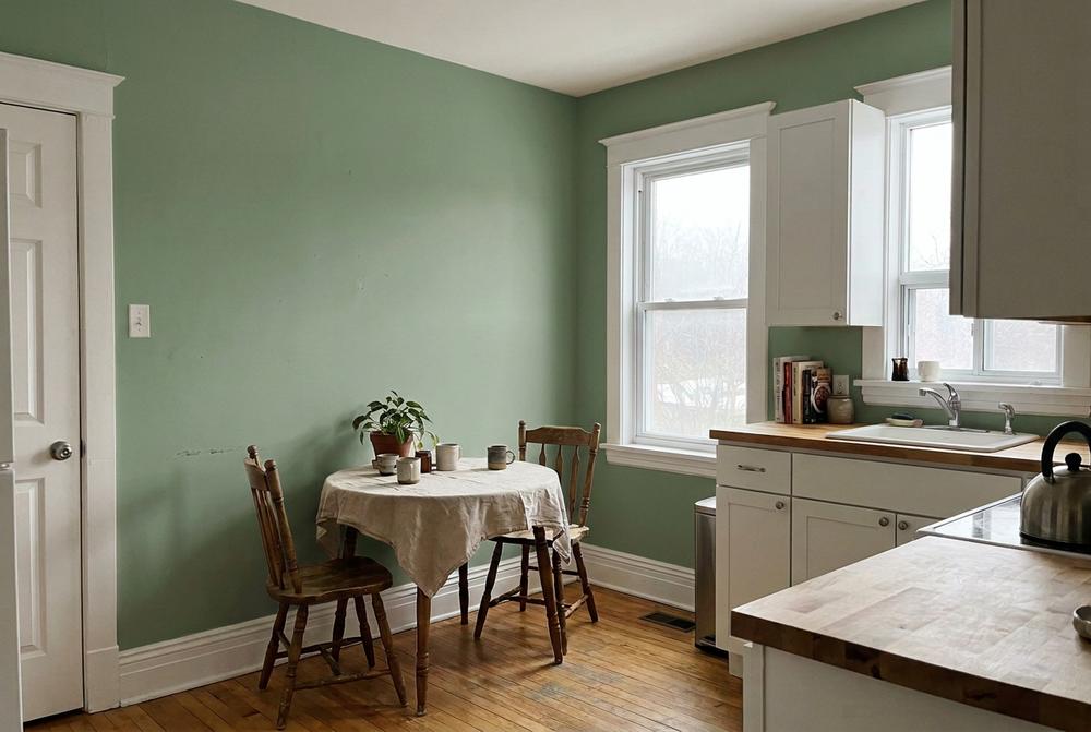 Cuisine et coin repas aux murs vert sauge