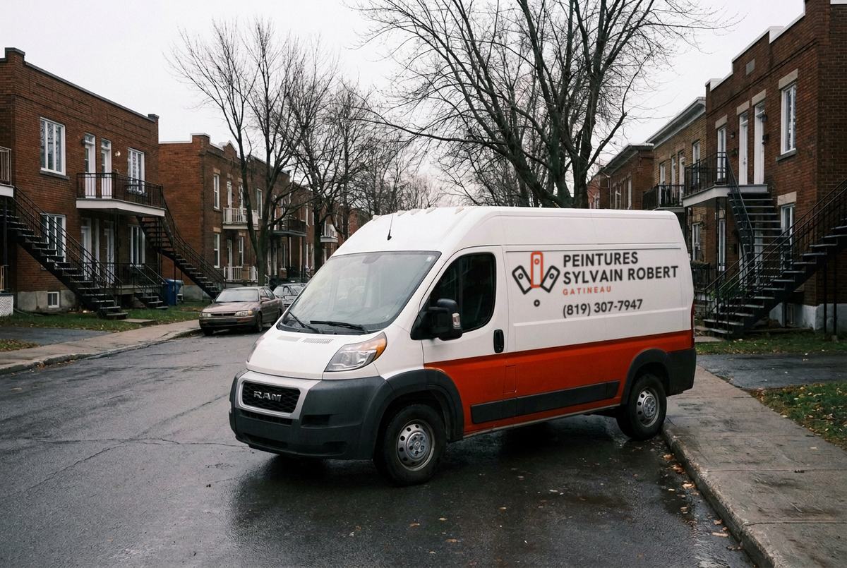 Fourgonnette blanche de l’entreprise garée sur une rue de duplex en brique à Hull, avec le logo et le numéro de téléphone